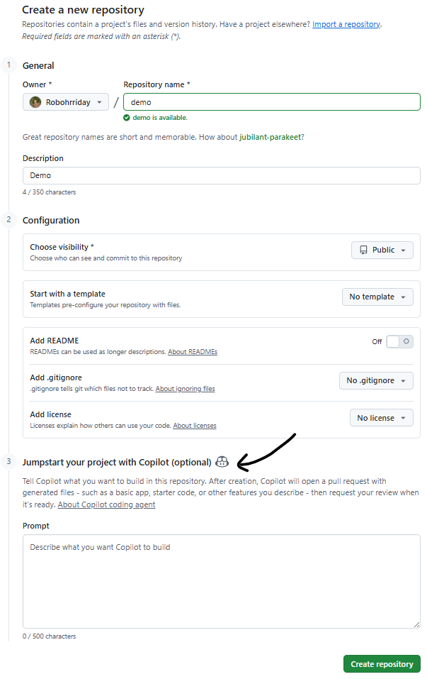 GitHub Copilot new repository prompt