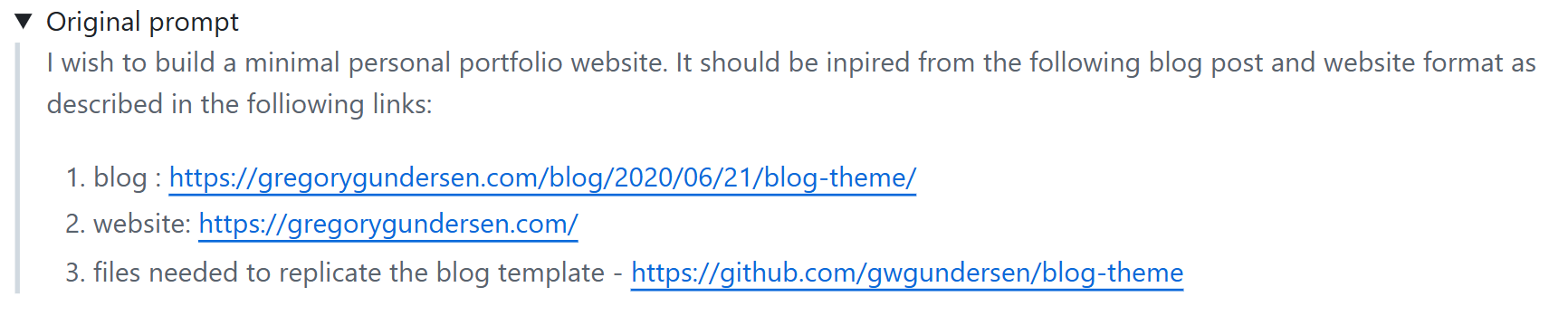 Initial prompt to GitHub Copilot